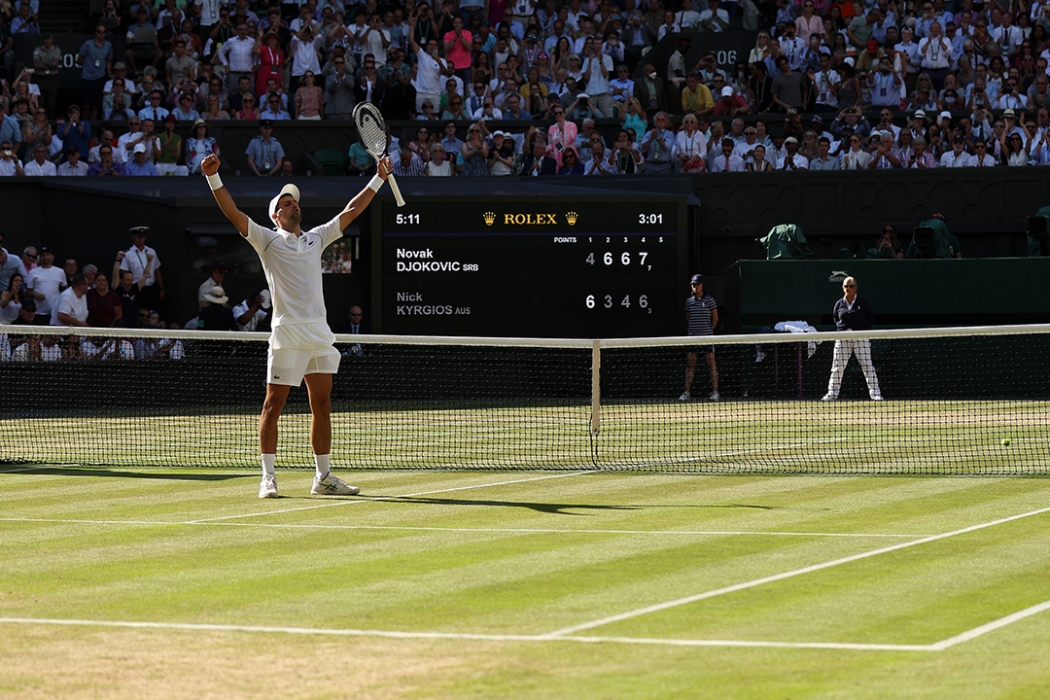 Novak Djokovic celebrates winning the 2022 Wimbledon title
