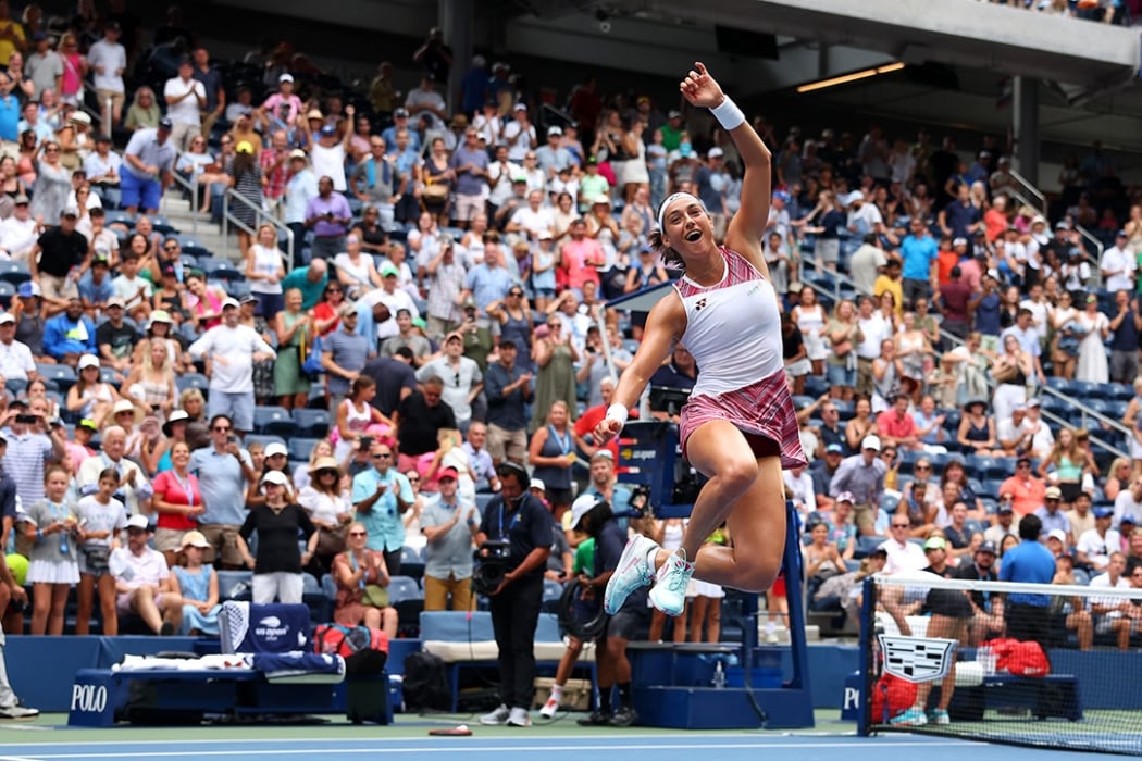 Caroline Garcia celebrates her US Open win over Alison Riske to reach the quarterfinals