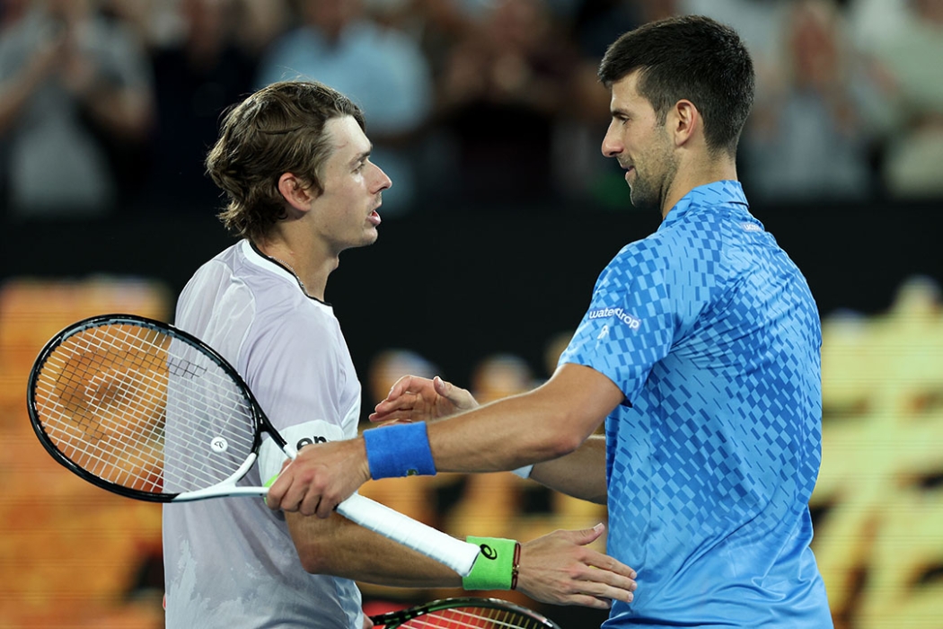 Alex de Minaur congratulates Novak Djokovic after their fourth-round match at AO 2023