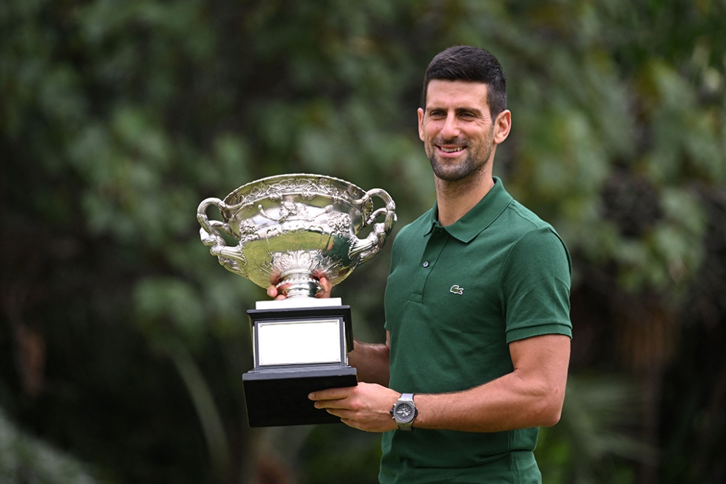 Novak Djokovic at his official trophy shoot after winning his 10th Australian Open title at AO 2023