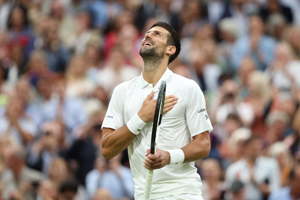 Novak Djokovic celebrates reaching the 2023 Wimbledon final