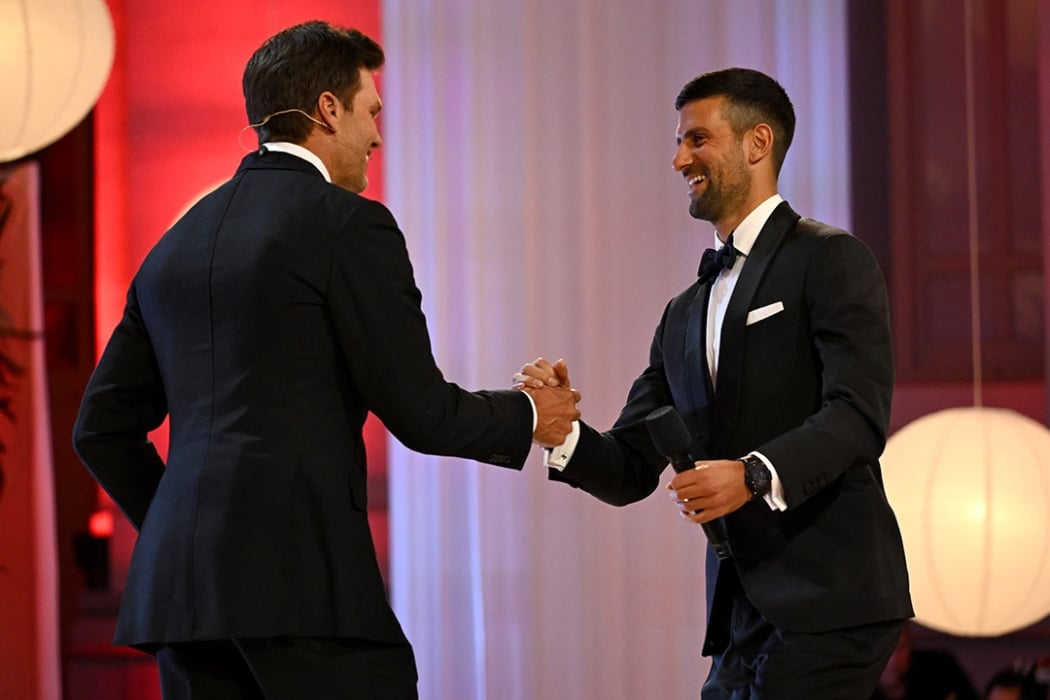 Novak Djokovic presented with Laureus World Sportsman of the Year award by Tom Brady