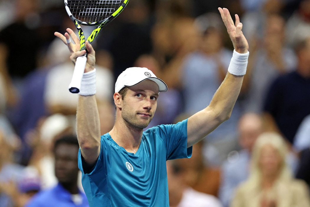 Botic Van De Zandschulp celebrates his win over Carlos Alcaraz at the US Open