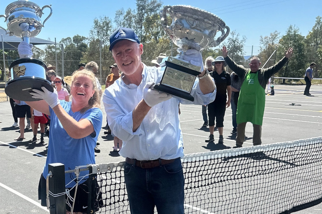 John Fitzgerald and the Australian Open trophies as part of AO on the Road