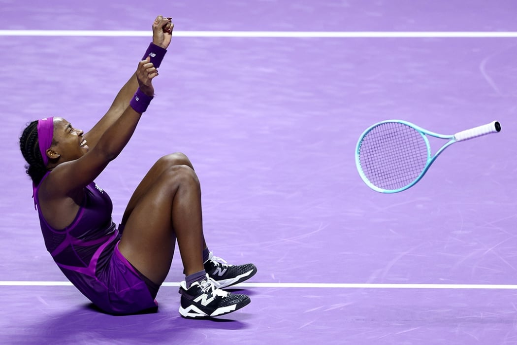 Coco Gauff celebrates her victory at the WTA Finals