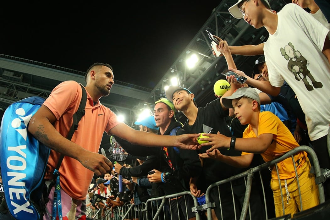 Nick Kyrgios celebrates his win at AO 2020 over Karen Khachanov at John Cain Arena