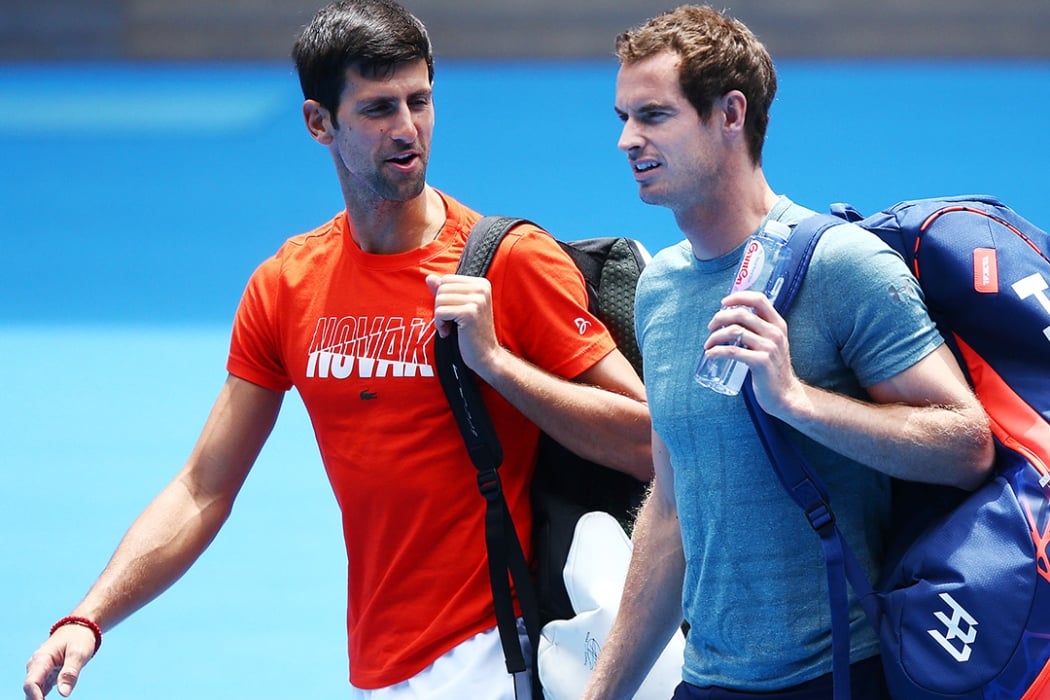 Novak Djokovic and Andy Murray practise at the Australian Open