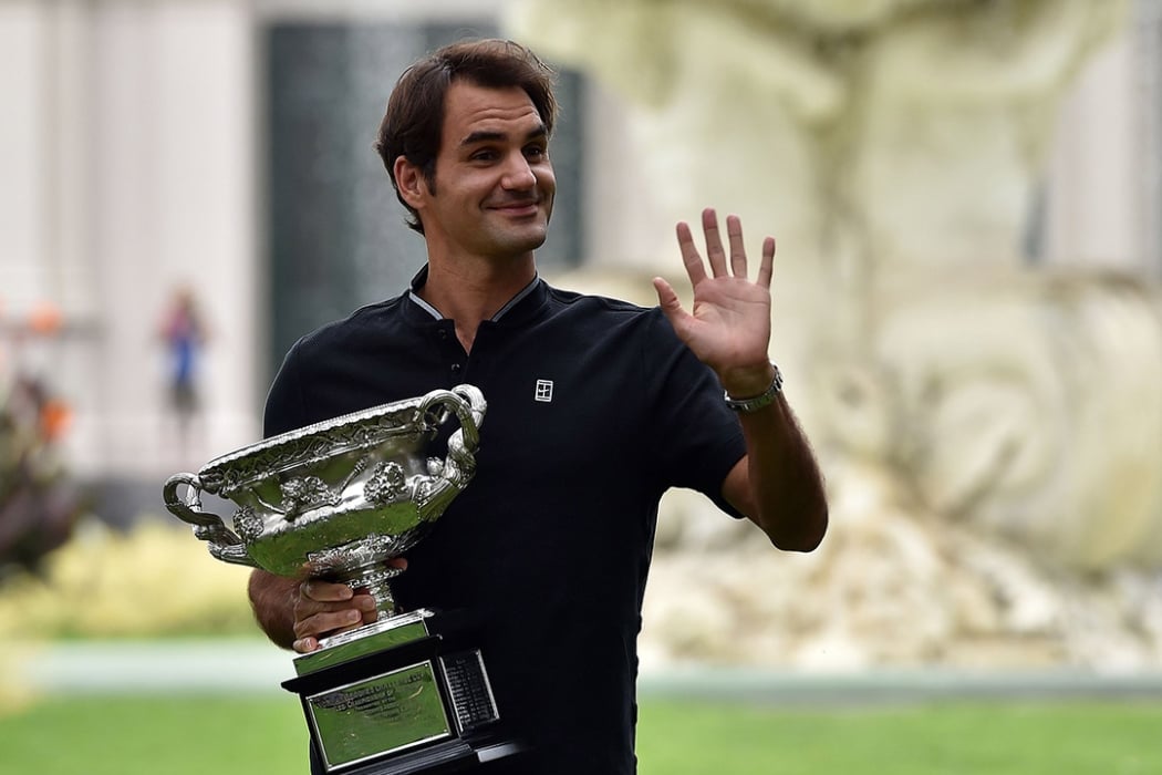 Roger Federer celebrates his win at Australian Open 2017