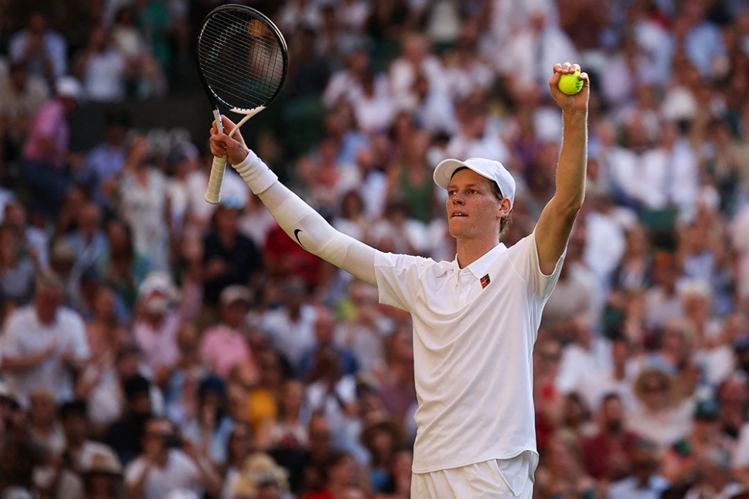 Jannik Sinner celebrates his Wimbledon semifinal win over Novak Djokovic