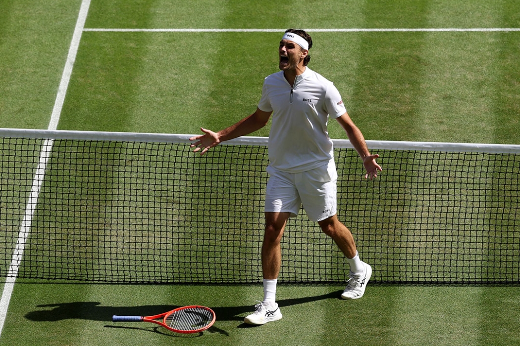 Taylor Fritz celebrates his win over Karen Khachanov to reach the Wimbledon semifinals