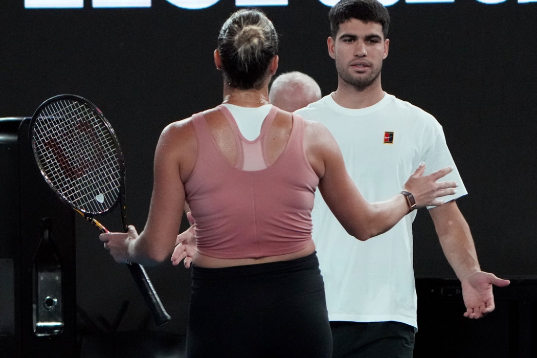 Carlos Alcaraz and Aryna Sabalenka on the practice court ahead of Australian Open 2026
