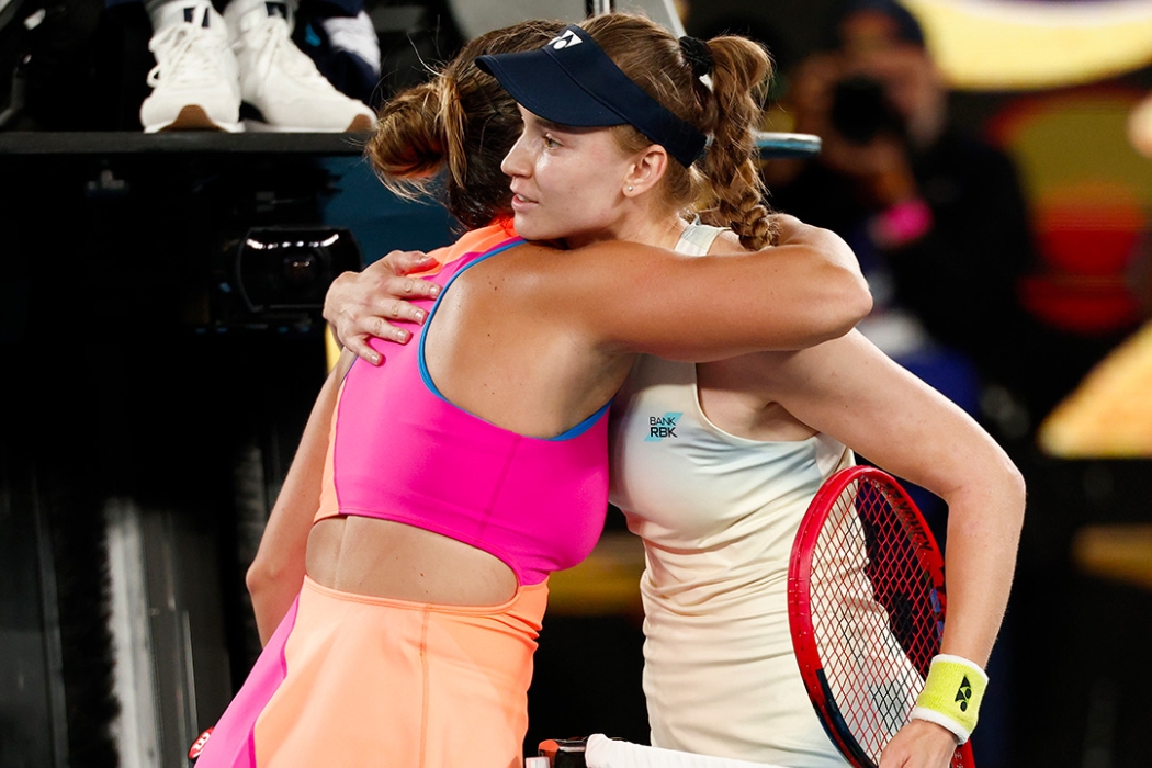 Elena Rybakina hugs Aryna Sabalenka after the AO 2026 final