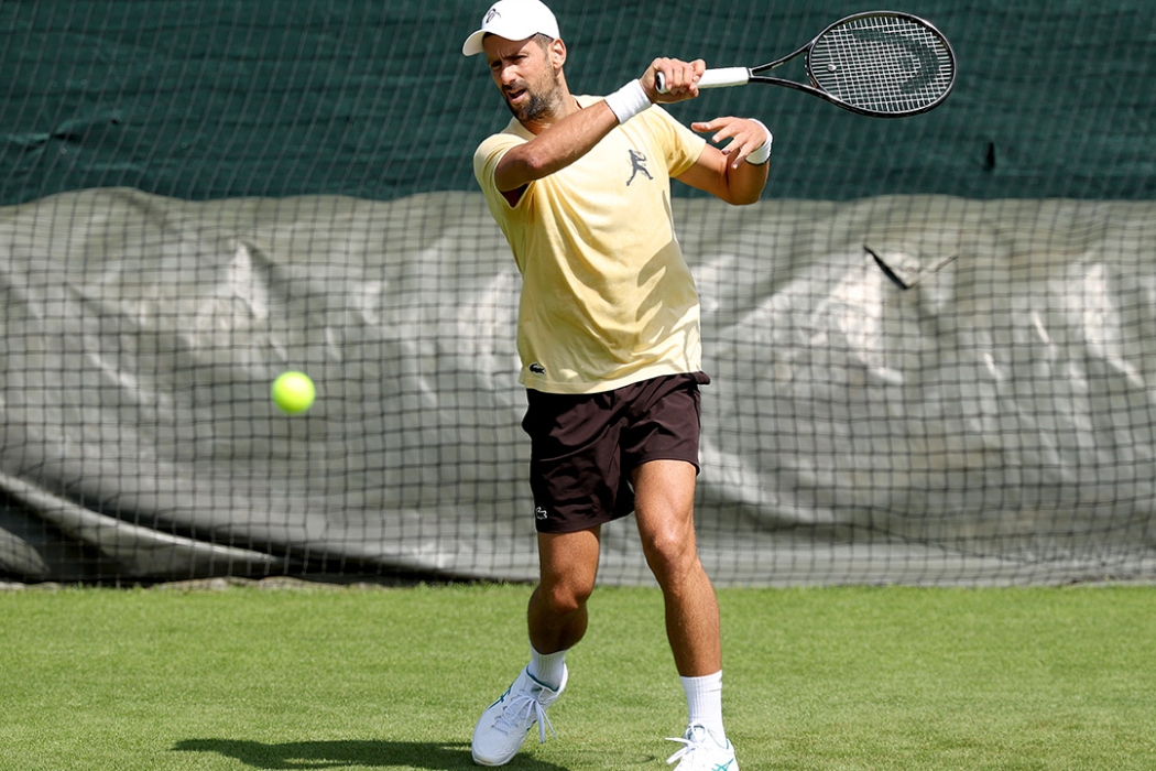 Novak Djokovic practises at the All England Club ahead of Wimbledon 2026.