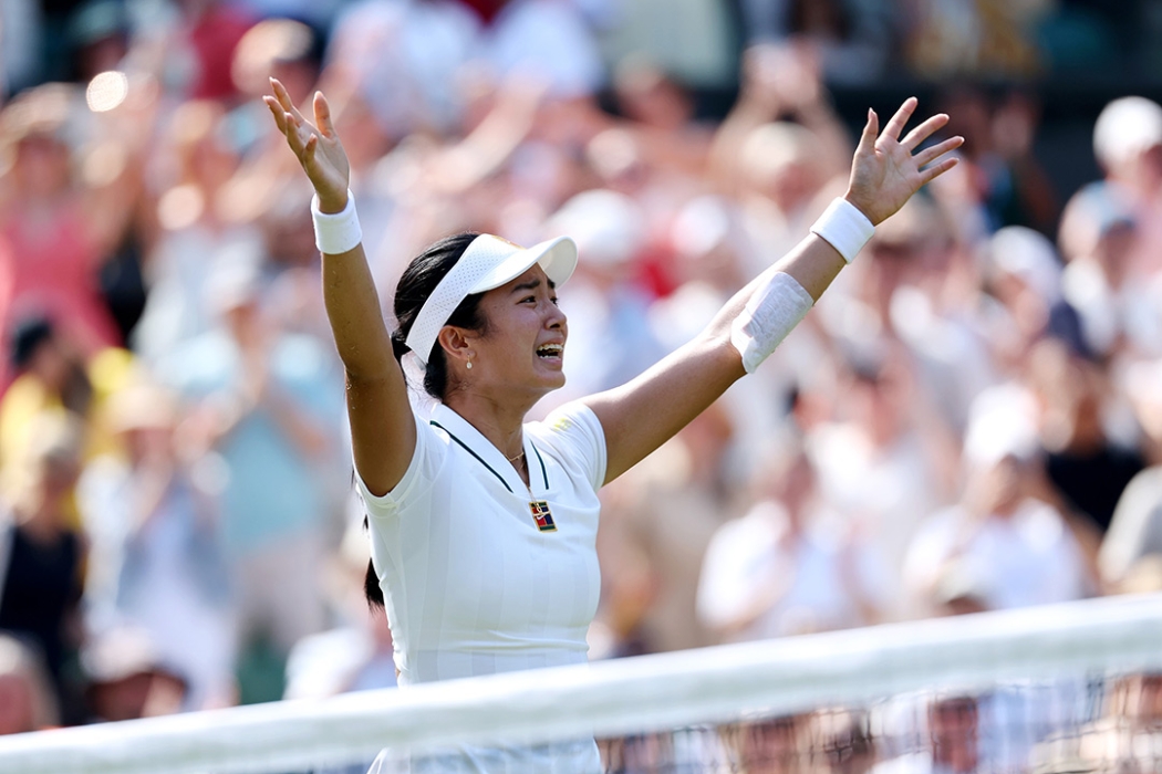 Alexandra Eala celebrates her third-round win over Iga Swiatek at Wimbledon