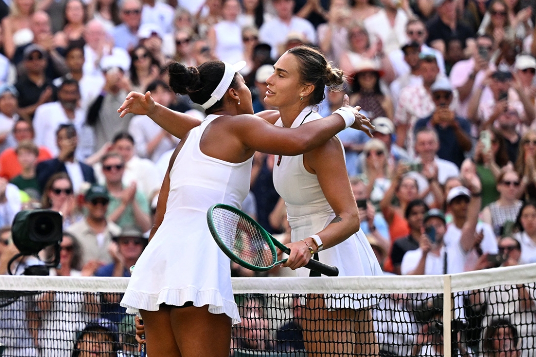 Aryna Sabalenka congratulates Naomi Osaka after their Wimbledon fourth-round match
