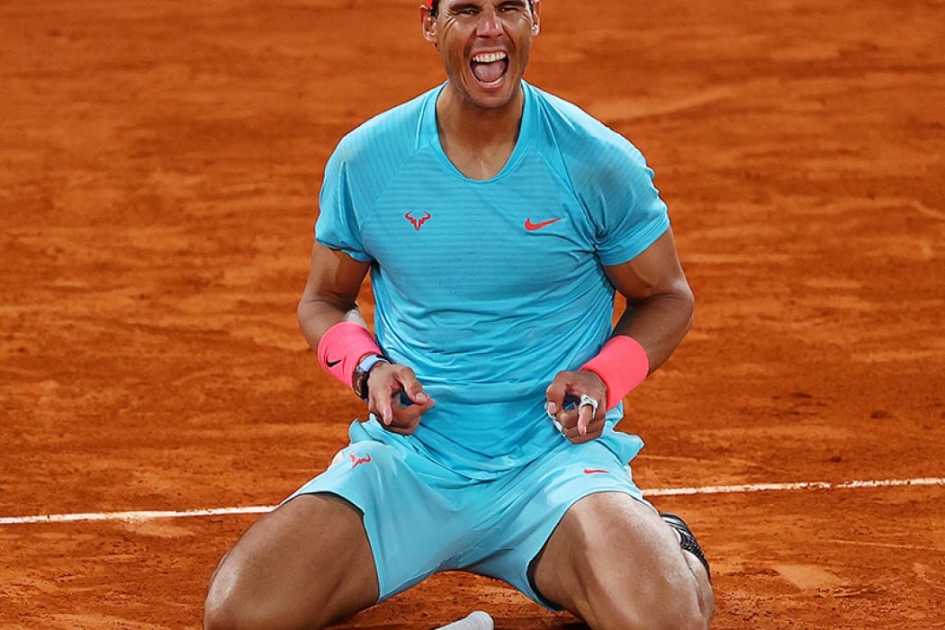 Rafael Nadal celebrates his Roland Garros 2020 victory over Novak Djokovic in the final.