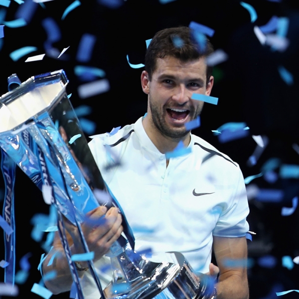 Grigor Dimitrov celebrates victory at the ATP Year-End championships in London. 