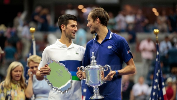 Daniil Medvedev celebrates his victory over Novak Djokovic at the US Open