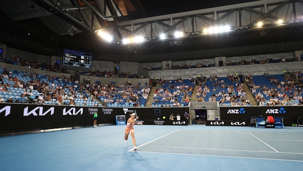 Ajla Tomljanovic in action against Simona Halep at Margaret Court Arena in the second round of Australian Open 2021