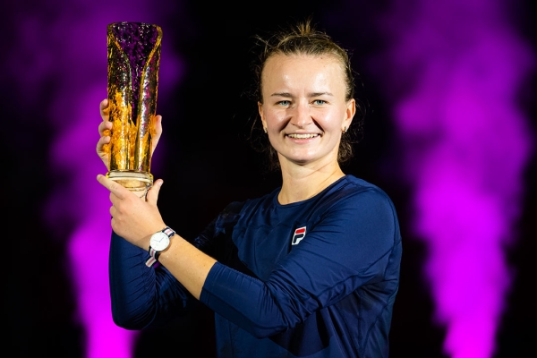 Barbora Krejcikova celebrates with her WTA Ostrava trophy