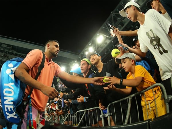 Nick Kyrgios celebrates his win at AO 2020 over Karen Khachanov at John Cain Arena