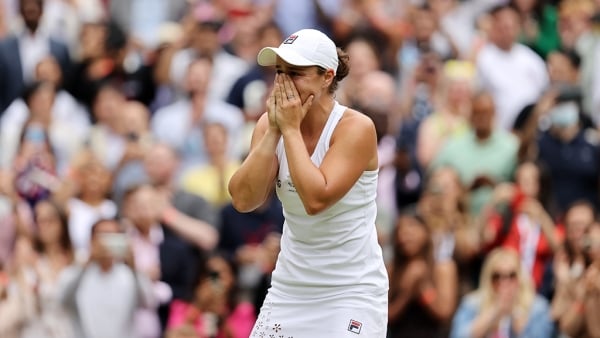 Ash Barty celebrates after winning the Wimbledon women's singles title