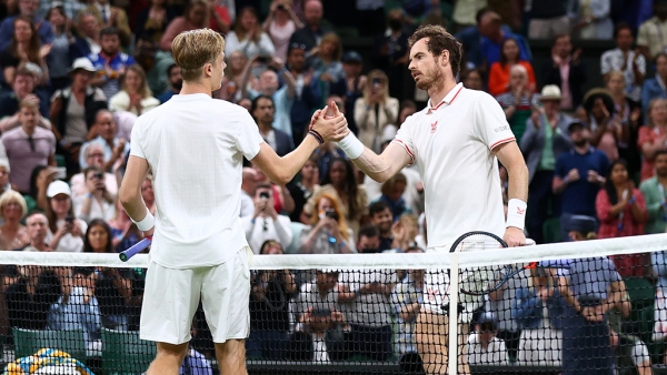 Denis Shapovalov and Andy Murray at net after their third-round match at Wimbledon