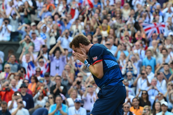 Andy Murray celebrates his victory over Roger Federer in the men's singles gold medal match at London 2012.