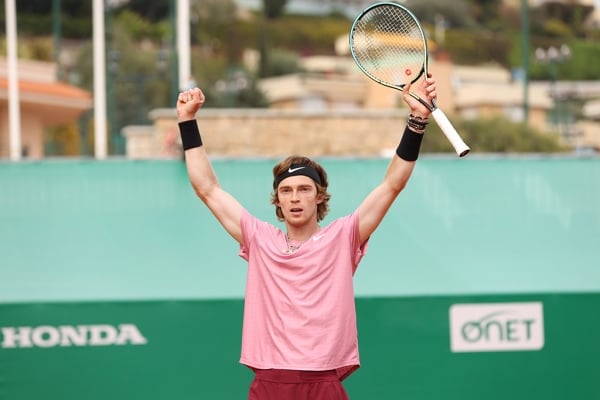 Andrey Rublev celebrates his semifinal victory over Casper Ruud at the Monte Carlo Masters. 