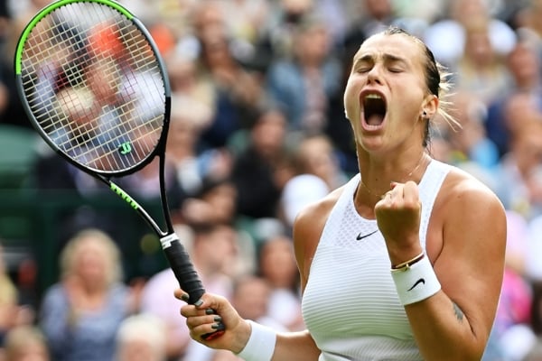 Aryna Sabalenka celebrates her second-round victory over Katie Boulter at Wimbledon