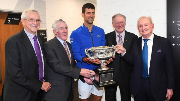  Novak Djokovic of Serbia meets previous players (from left to right) Roy Emerson, Ken Rosewall, Fred Sedgman and Rod Laver